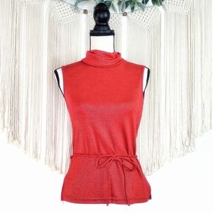 ♥️4/$15 Vintage Sparkle Red Small/Med Gold Knit Turtleneck Glimmer Top, Layering